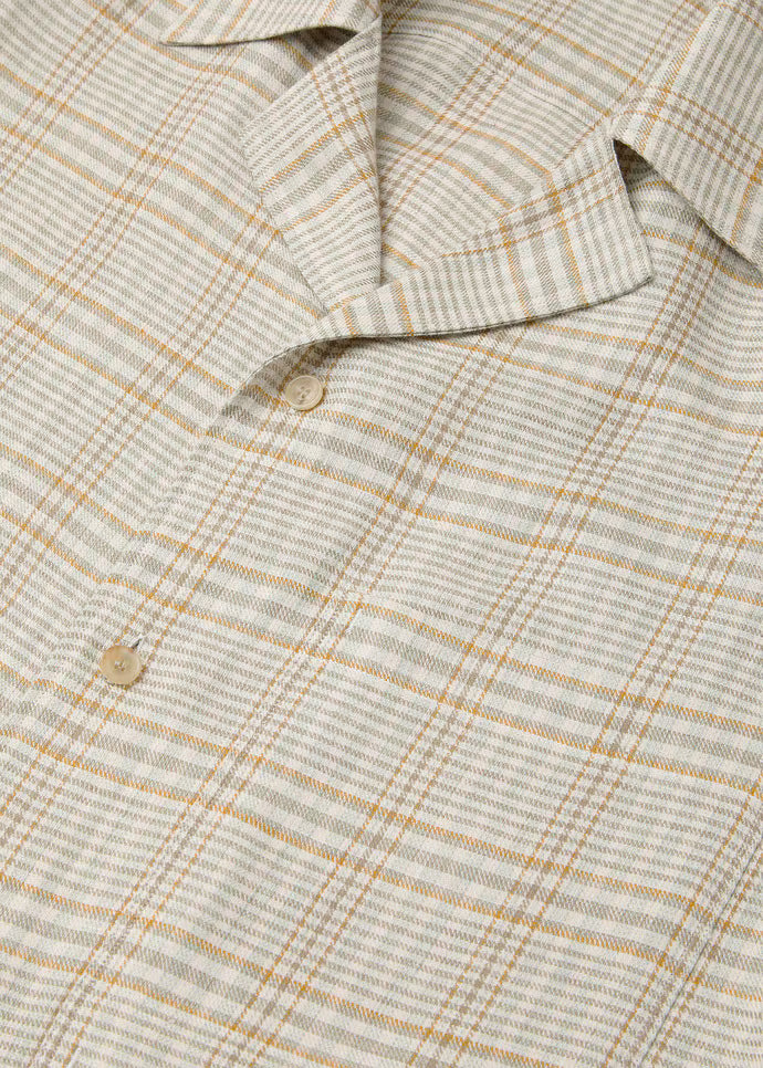 Piha Shirt detail — close up of linen fabric, buttons and cuban collar